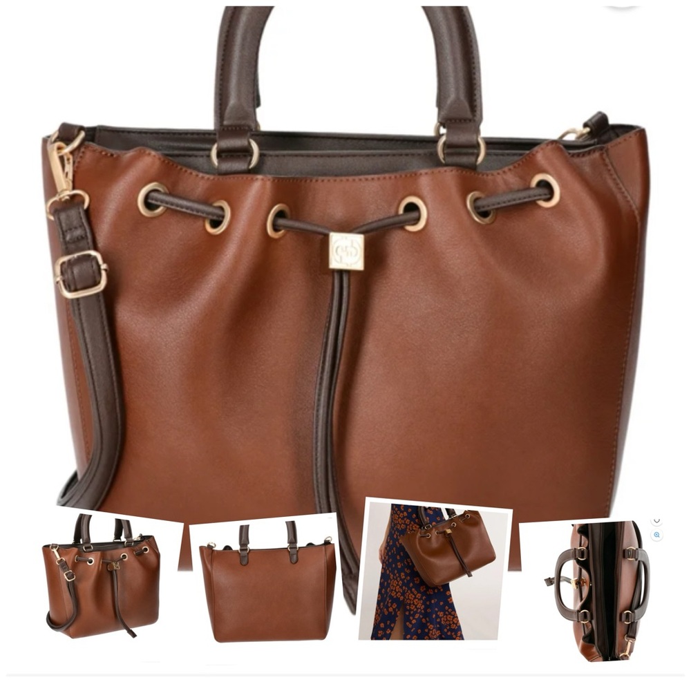 Time and Tru Women's Faux Leather Drawstring Tote Handbag, Chestnut/ Espresso